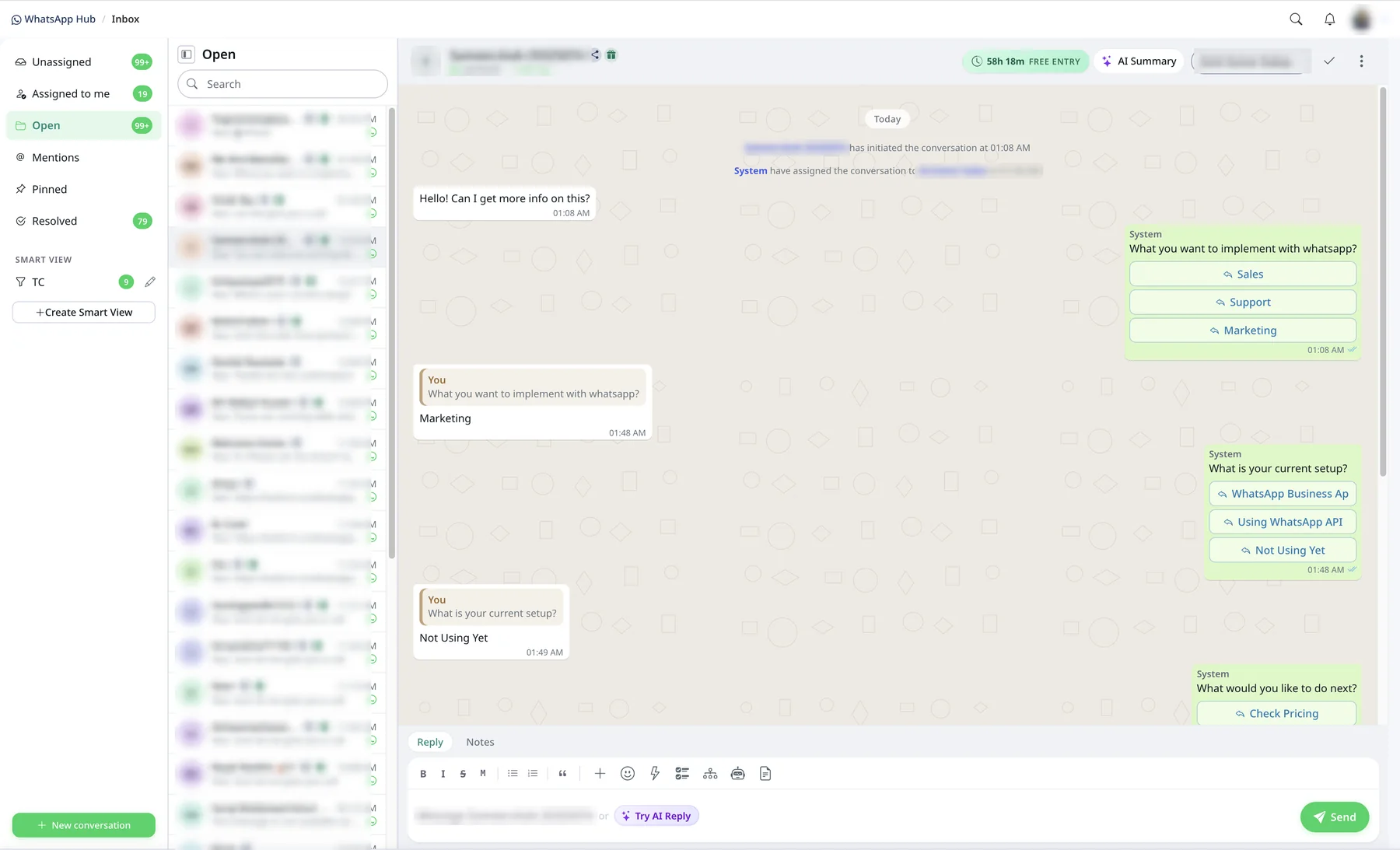 Team inbox with Unassigned, Assigned to me, Open, Mentions, Pinned and Resolved folders, a live chat with reply buttons, AI Summary and Try AI Reply